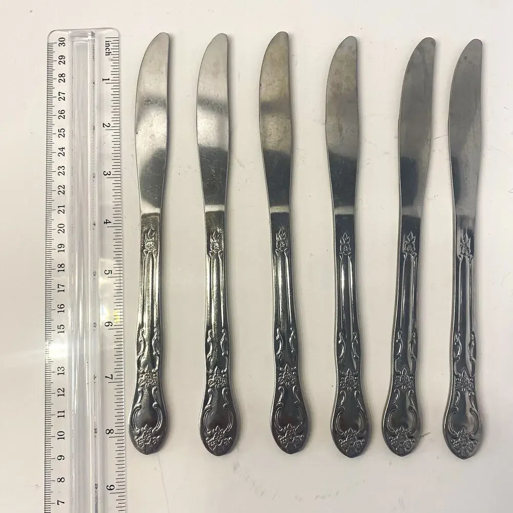 Vintage Oneida Venus Stainless Steel Dinner Knives Set of 6 Floral Scroll